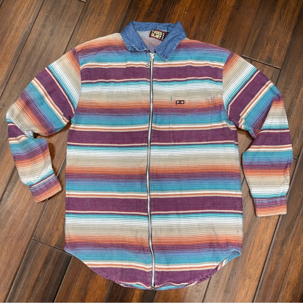 Vintage Y2K Faded Glory Baja Multicolor Striped Casual full zipper Shirt Size L